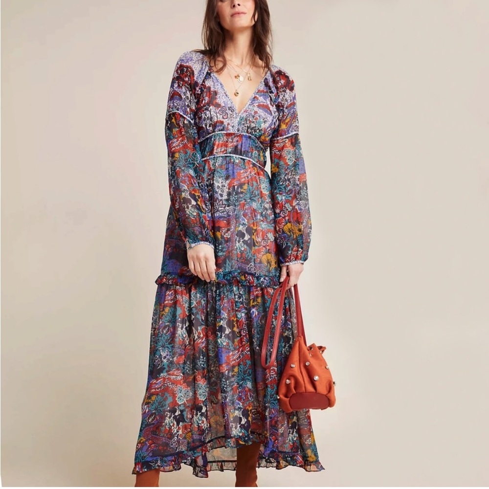 Anthropologie Boho Floral V-Neck Maxi Dress in Multicolor